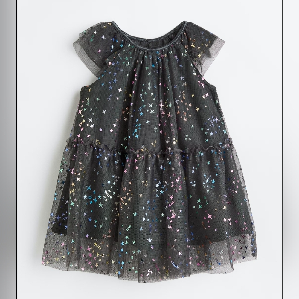 H&M Girls Dark Gray Tullie Dress with Colorful Star Pattern